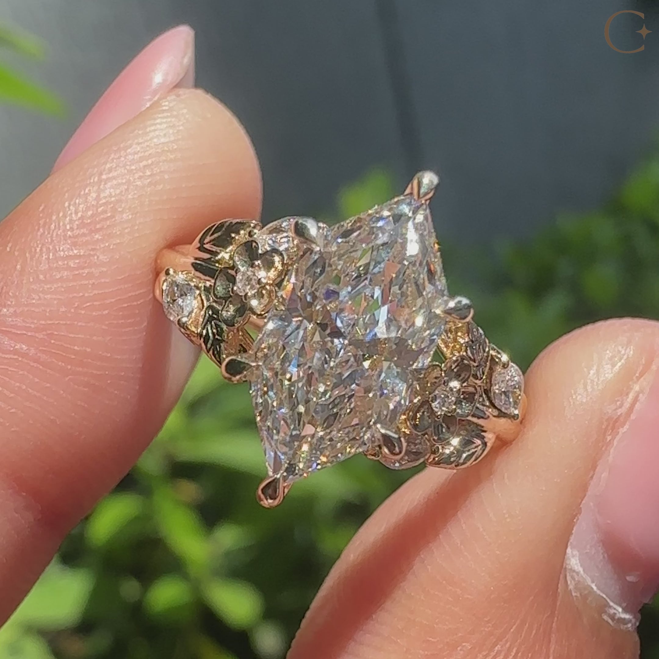 Cathedral setting with six claw prongs on a Dutch marquise ring.
