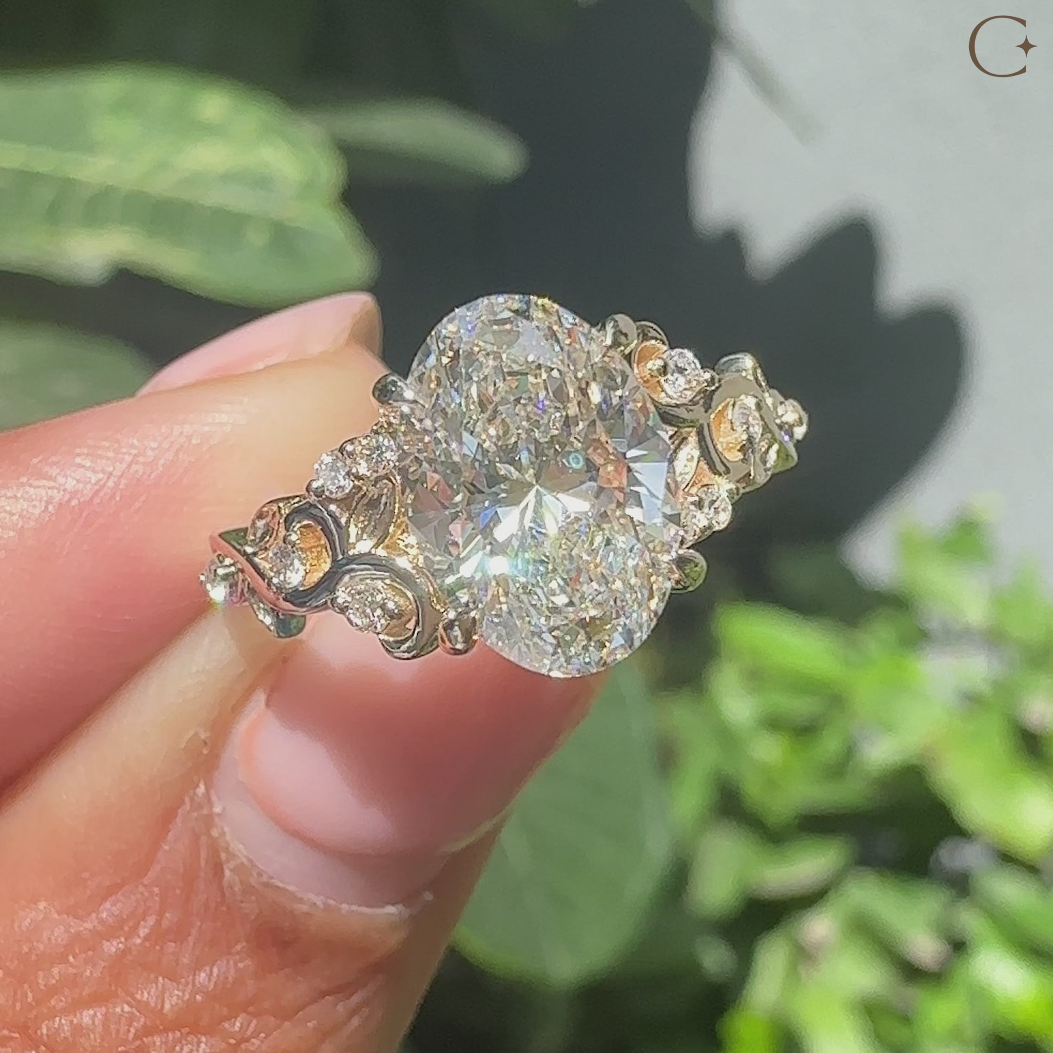 Cluster setting ring in four claw prong setting.
