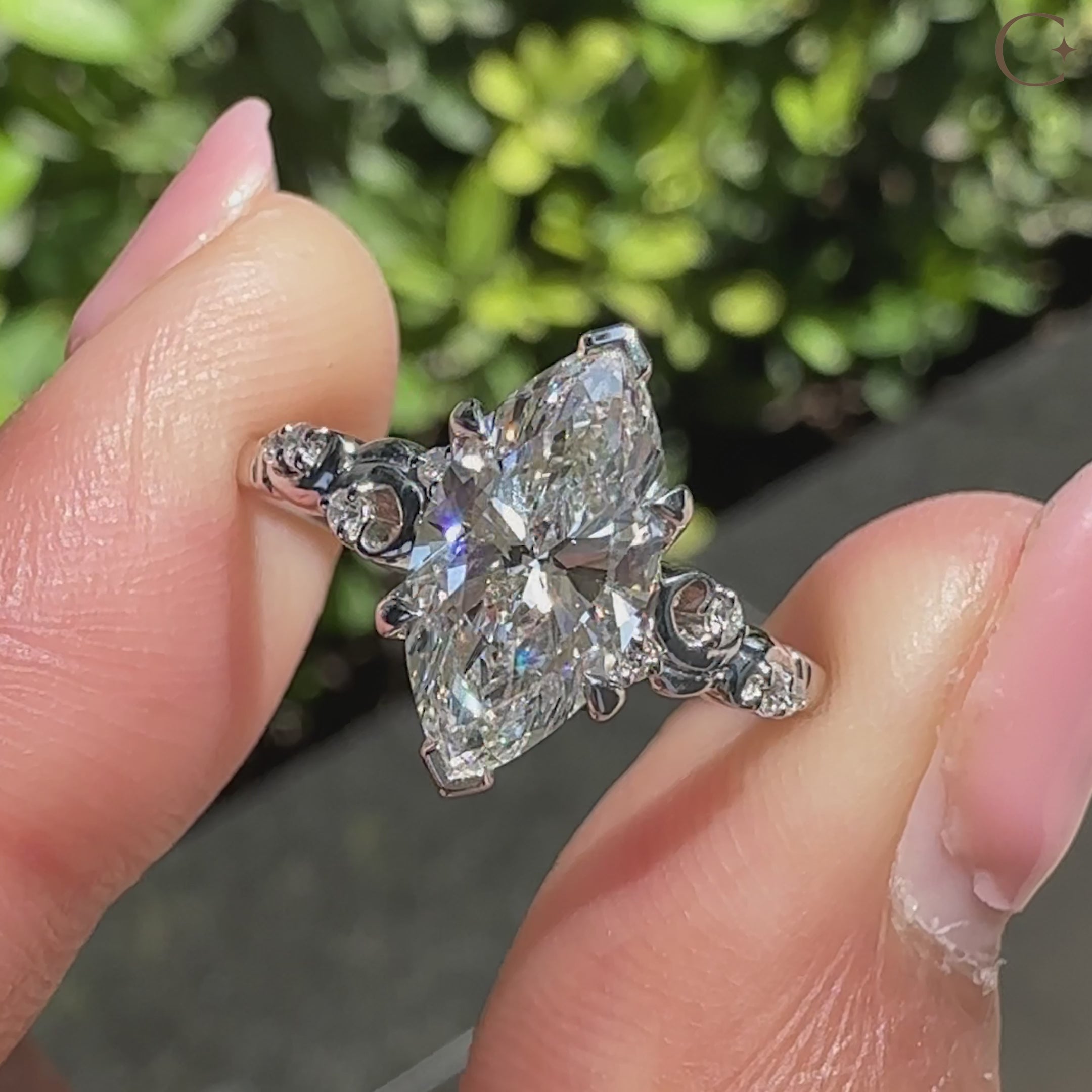 Lab grown marquise ring with tulip and claw prongs
