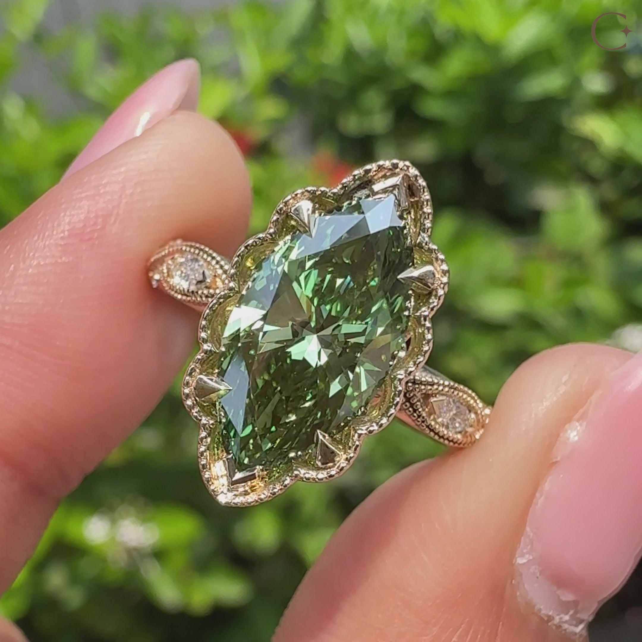 Round diamond hidden halo flower crown ring.
