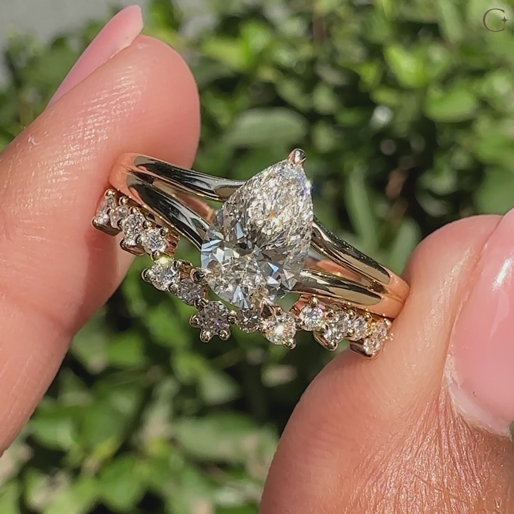 Pear cut diamond with split shank ring.
