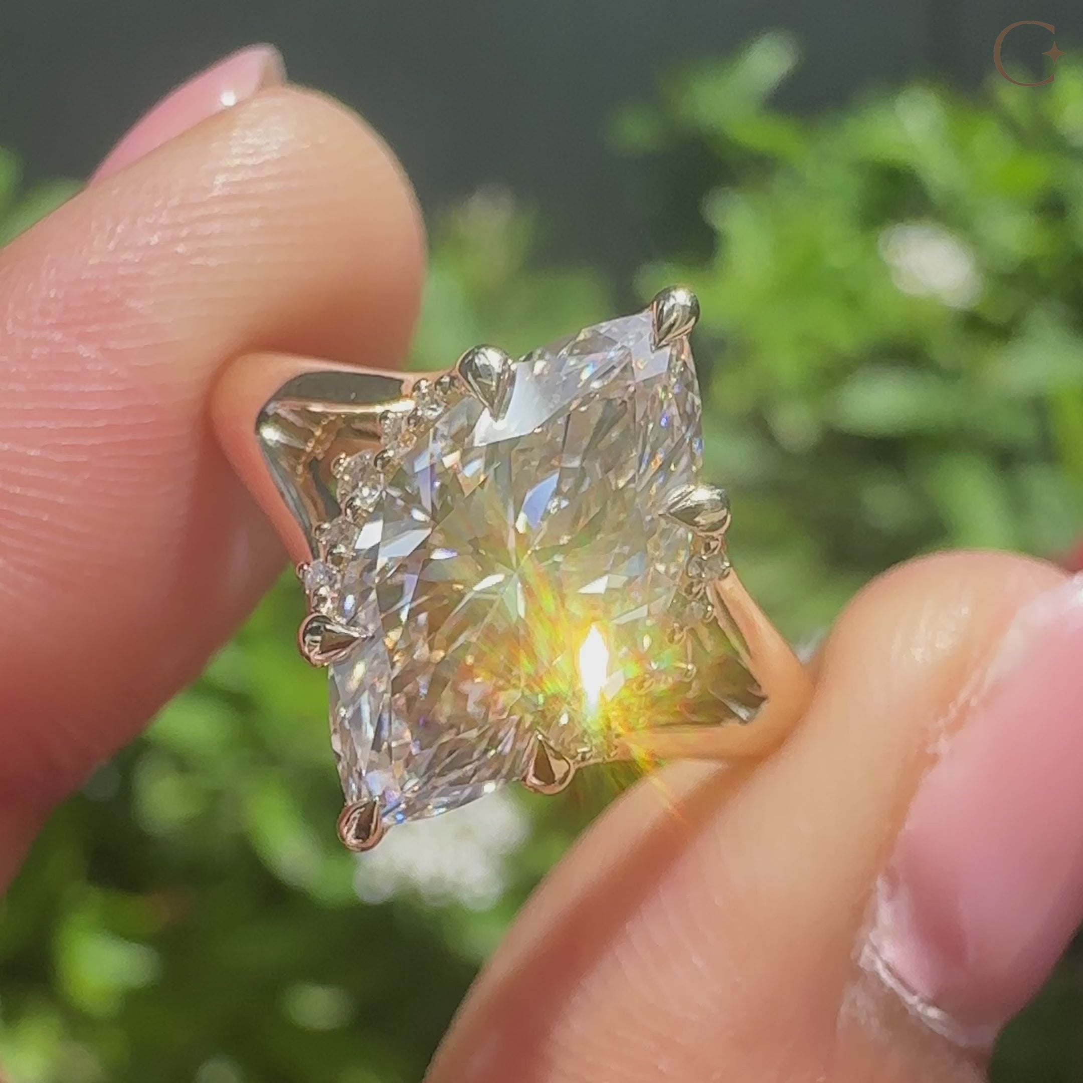 Lab grown marquise diamond ring with hidden pink ruby
