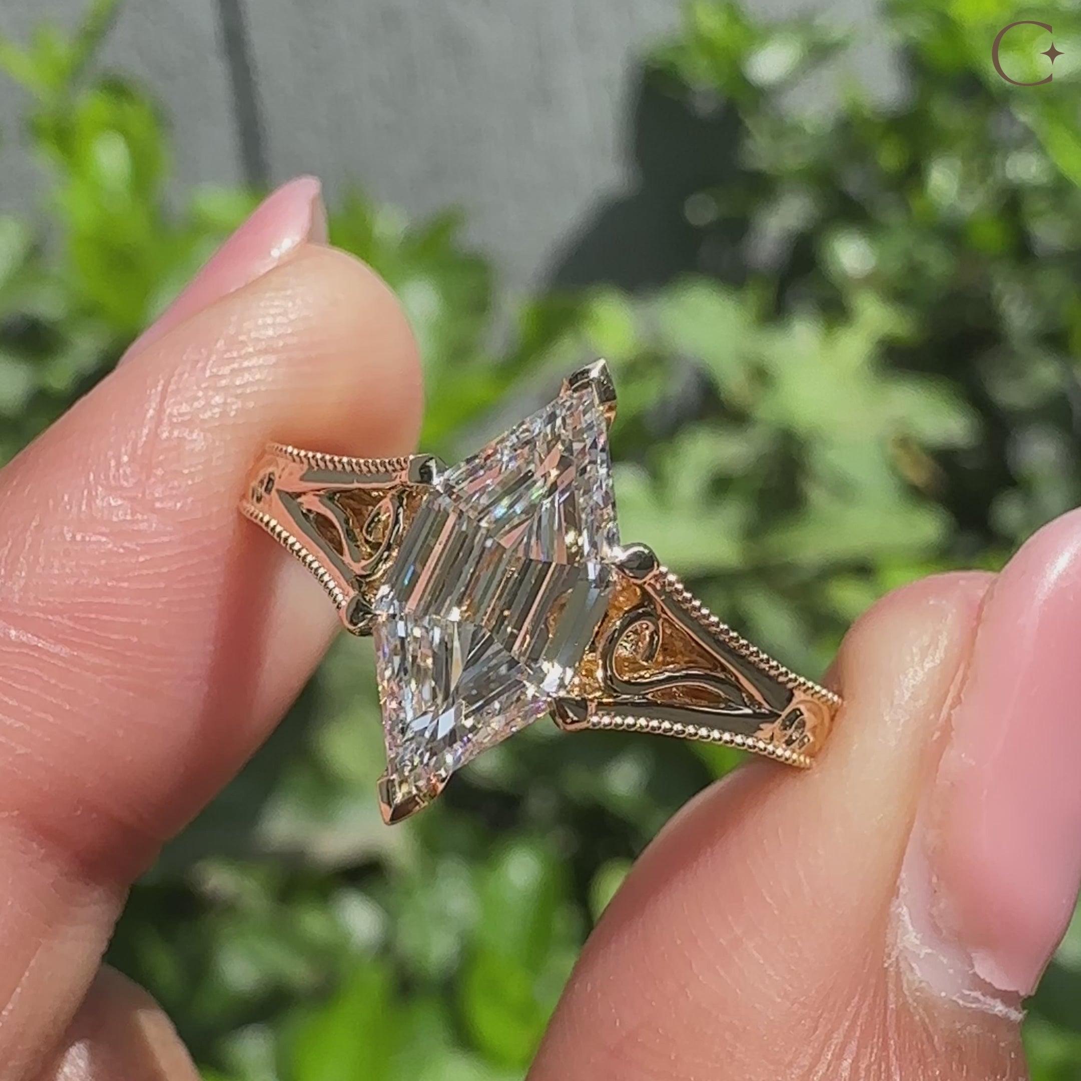 Handmade hexagon diamond ring with vintage style and claw prongs