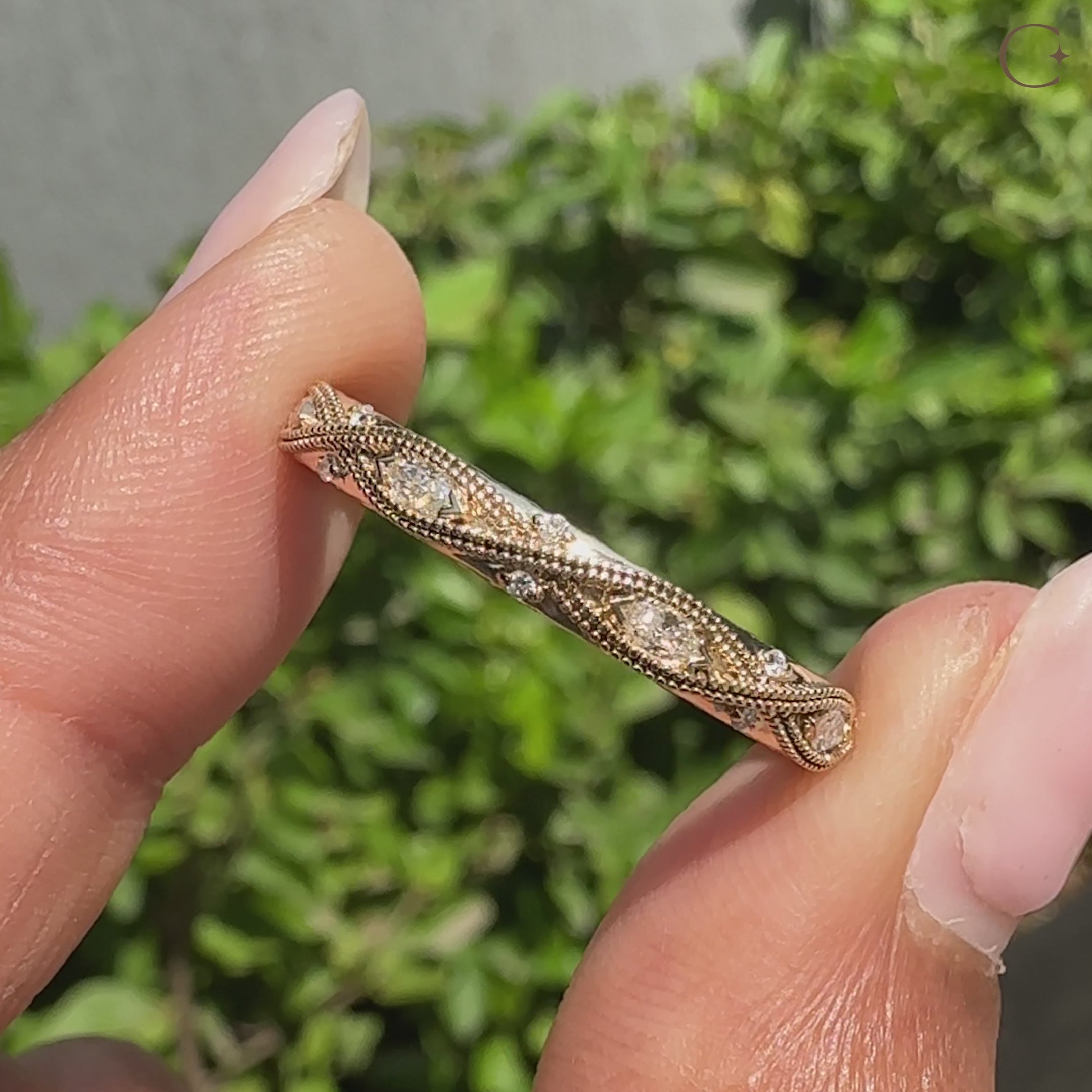 Vintage wedding band with alternating marquise and round diamonds.
