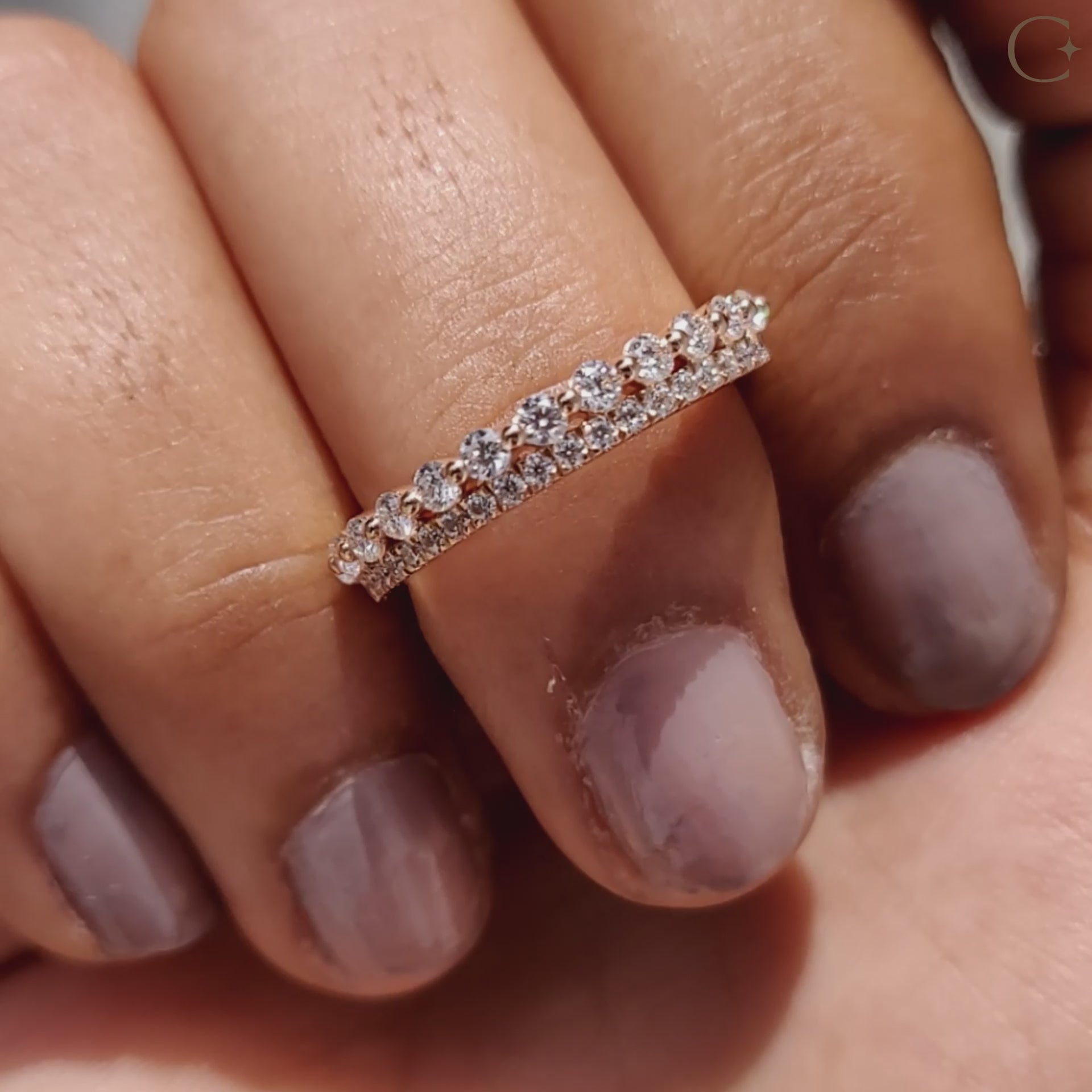 Double row pave wedding band with fine detail.