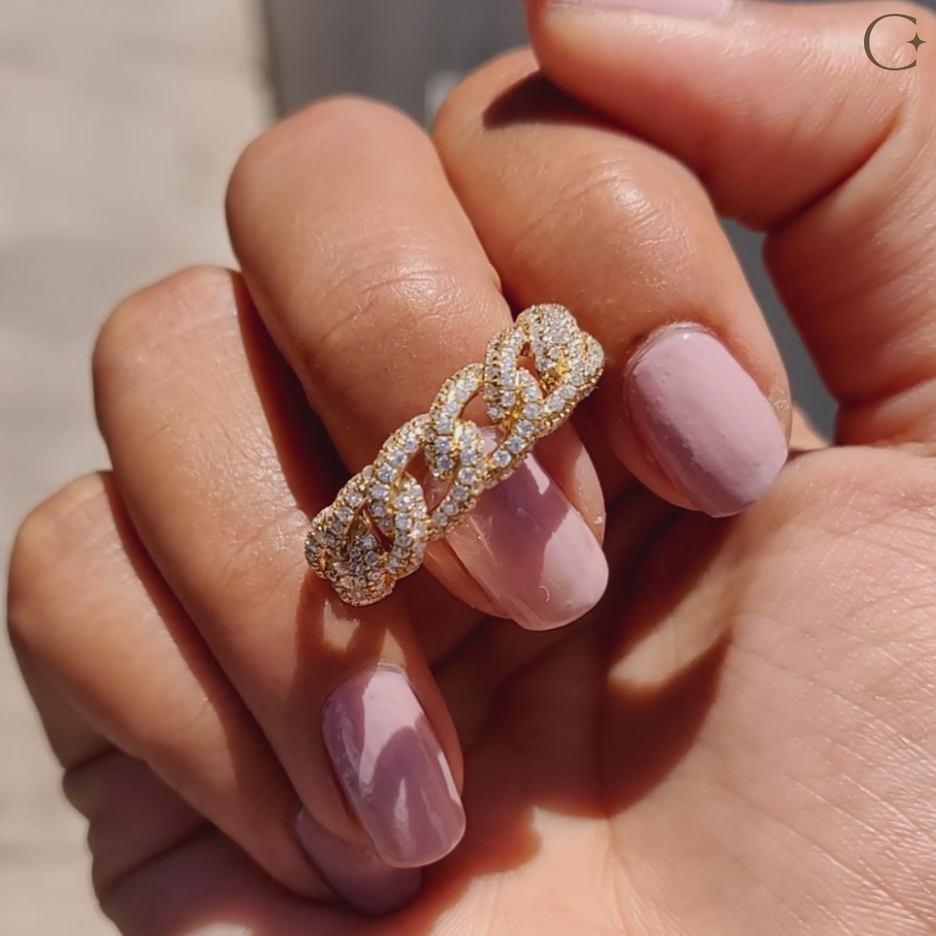 Round Moissanite wedding band set in yellow gold, offering a bright and sparkling appearance.