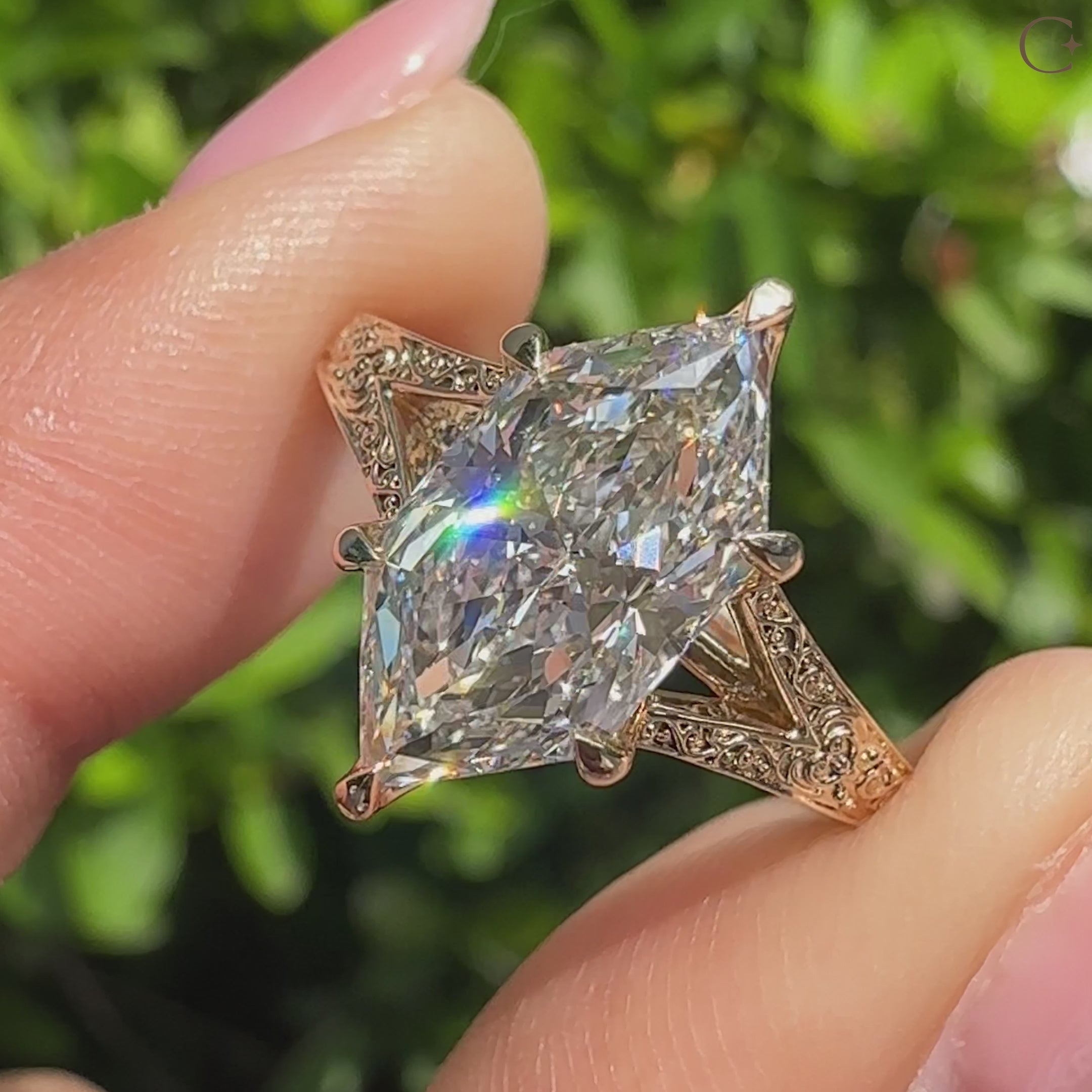 Dutch Marquise Solitaire Ring with Vintage Inspired Filigree Split Shank