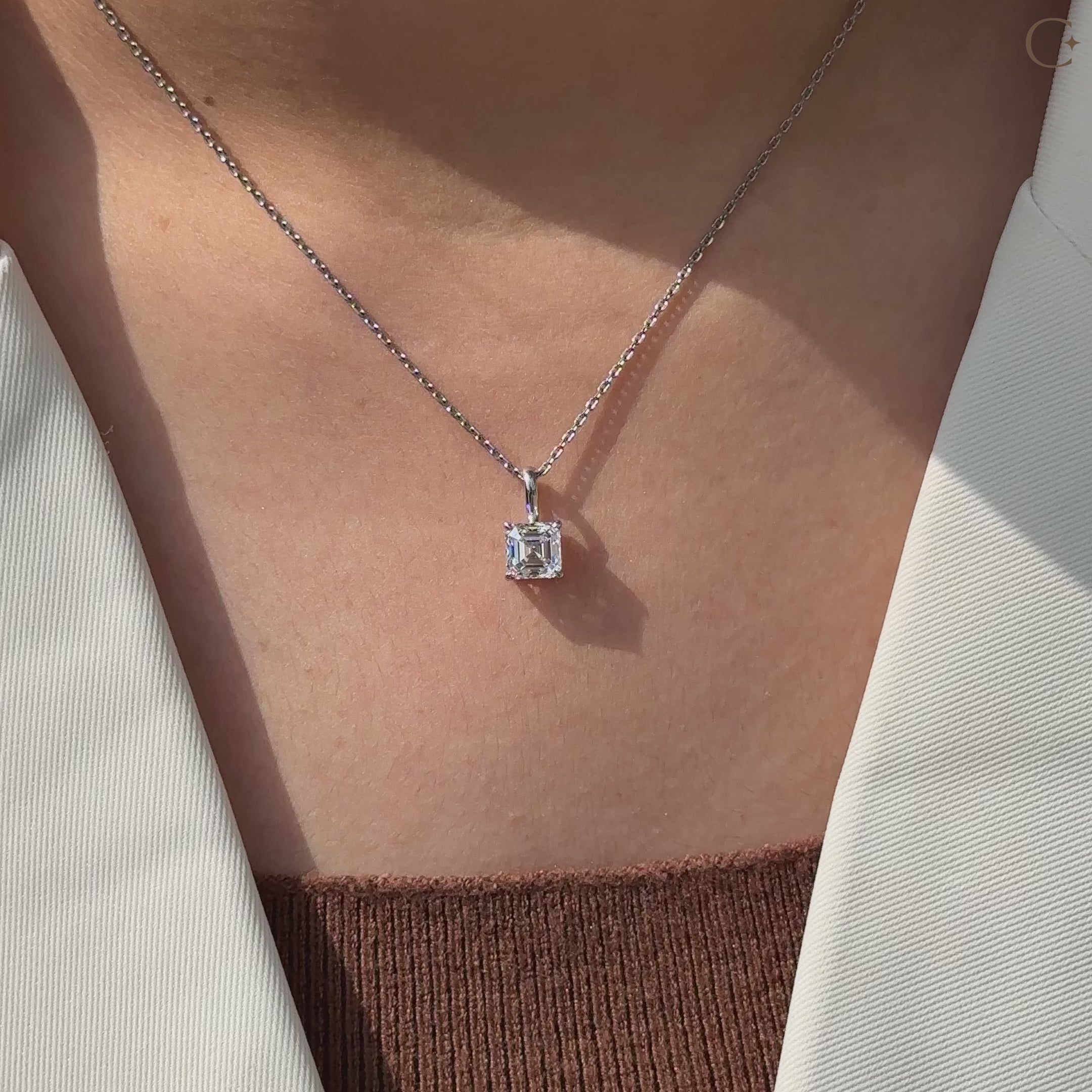 Lab grown Asscher cut diamond solitaire pendant handmade in white gold
