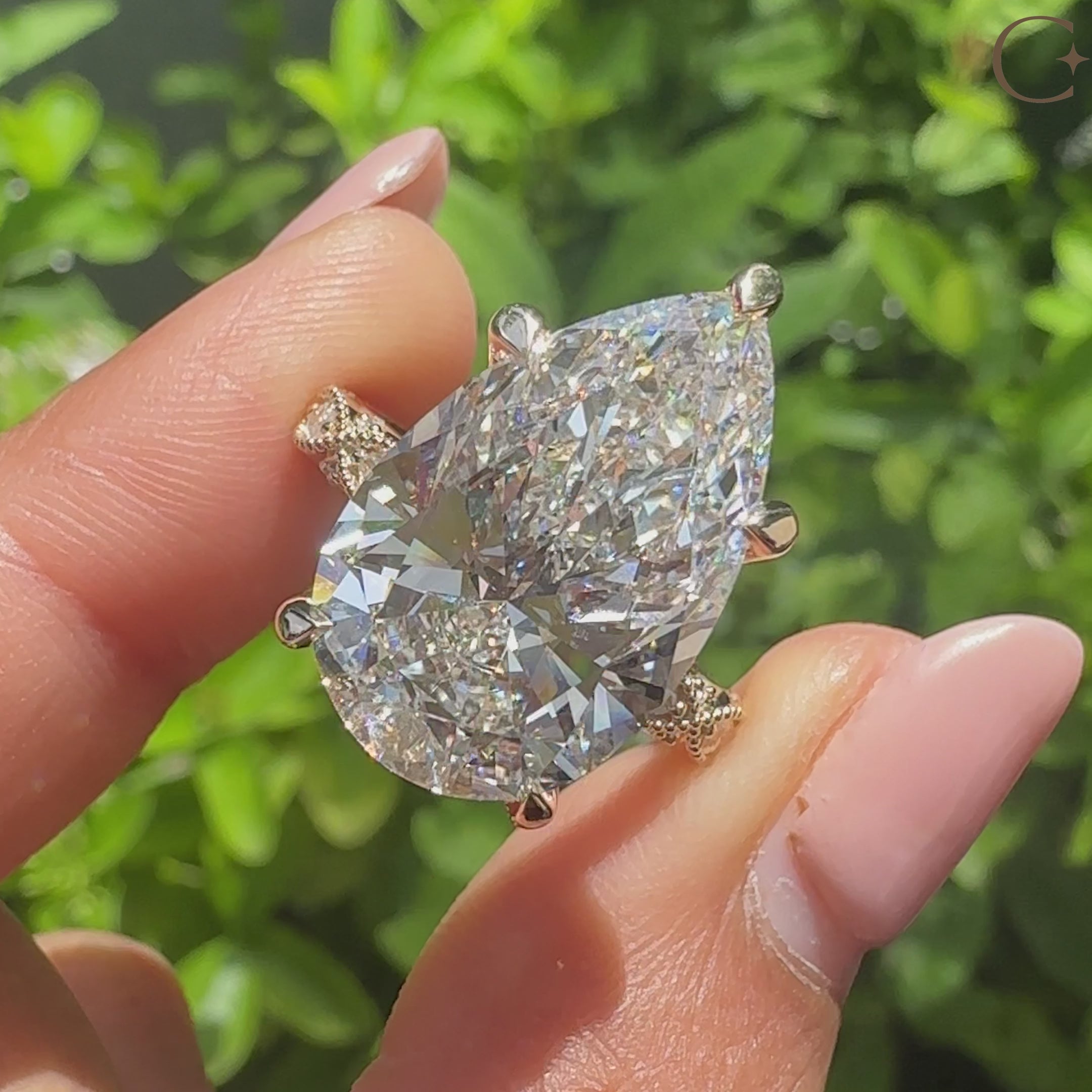 Pear cut center diamond with marquise and round pave
