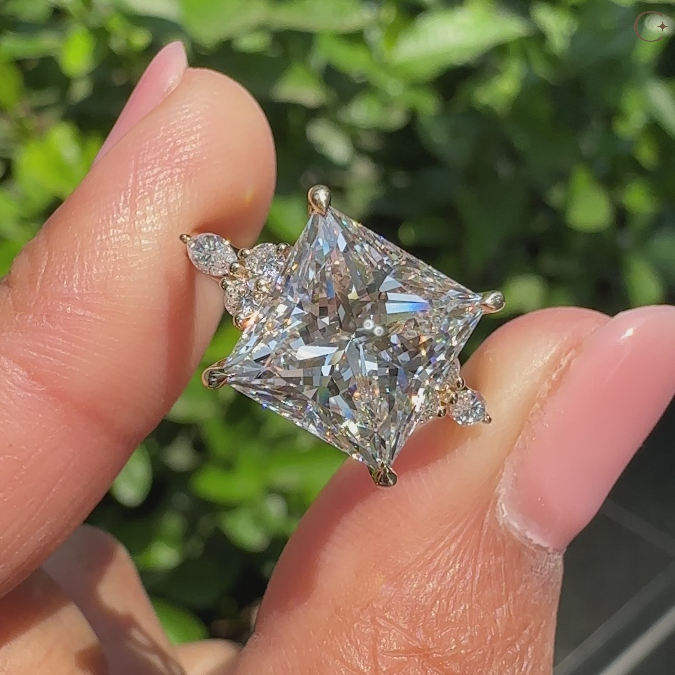 Princess cut seven stone diamond ring with muse setting.
