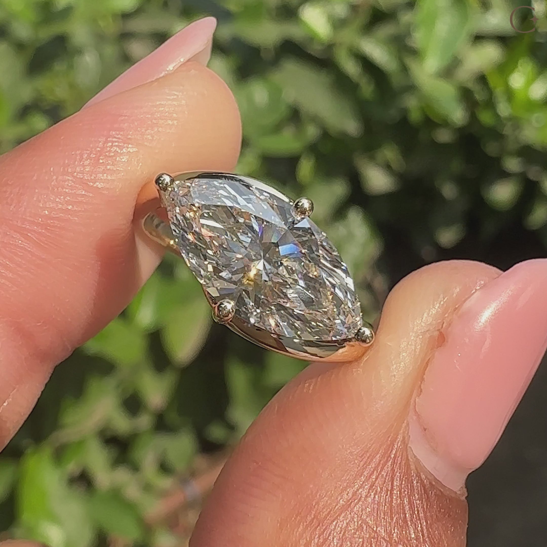 Lab grown diamond marquise diamond solitaire ring with 4 prong setting.
