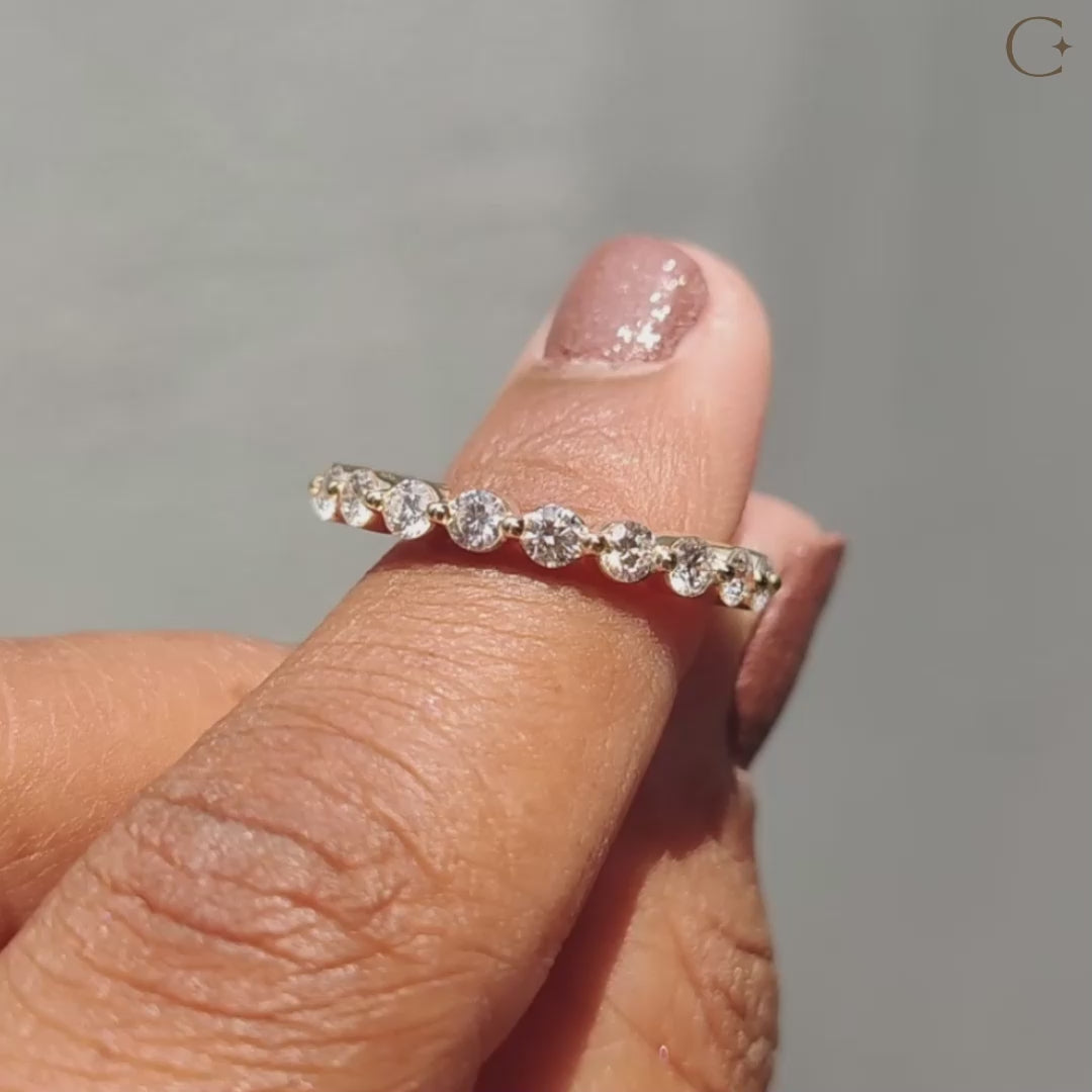 Full eternity wedding band displayed in elegant setting.
