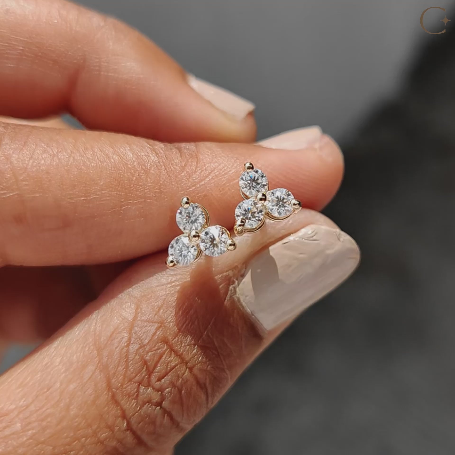 Round Cut Moissanite three stone earrings crafted with push back earrings for secure wear.
