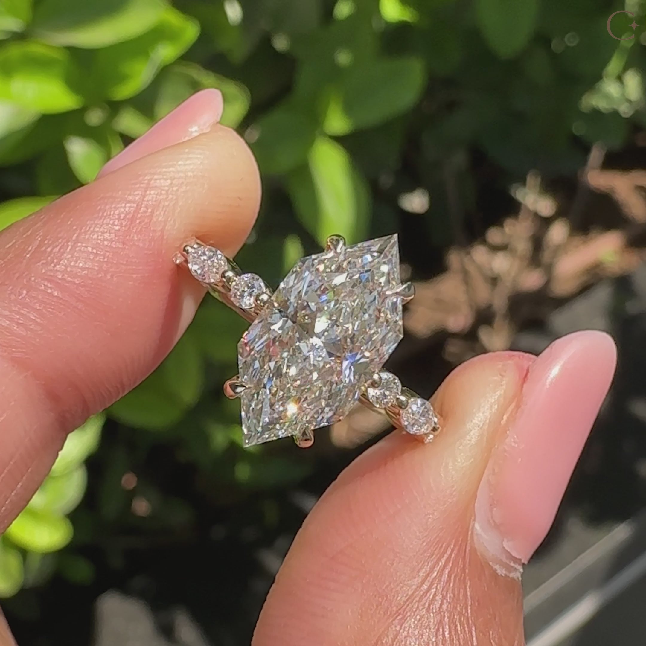 Lab grown dutch marquise diamond ring with open gallery.
