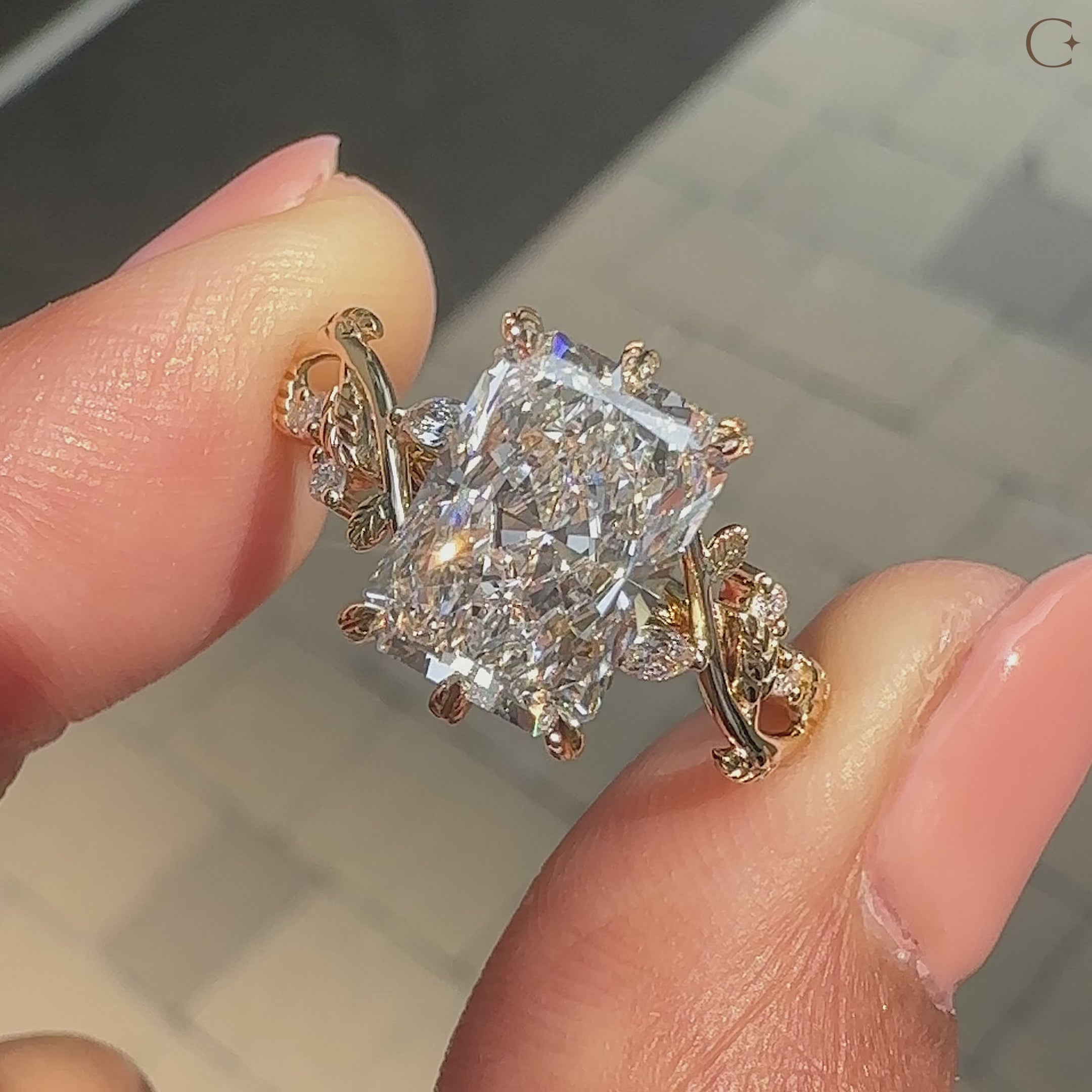 Nature inspired engagement ring with IGI Certified radiant diamond