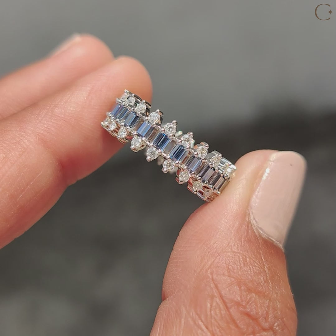 Baguette And Round Cut 3 Row Diamond Band