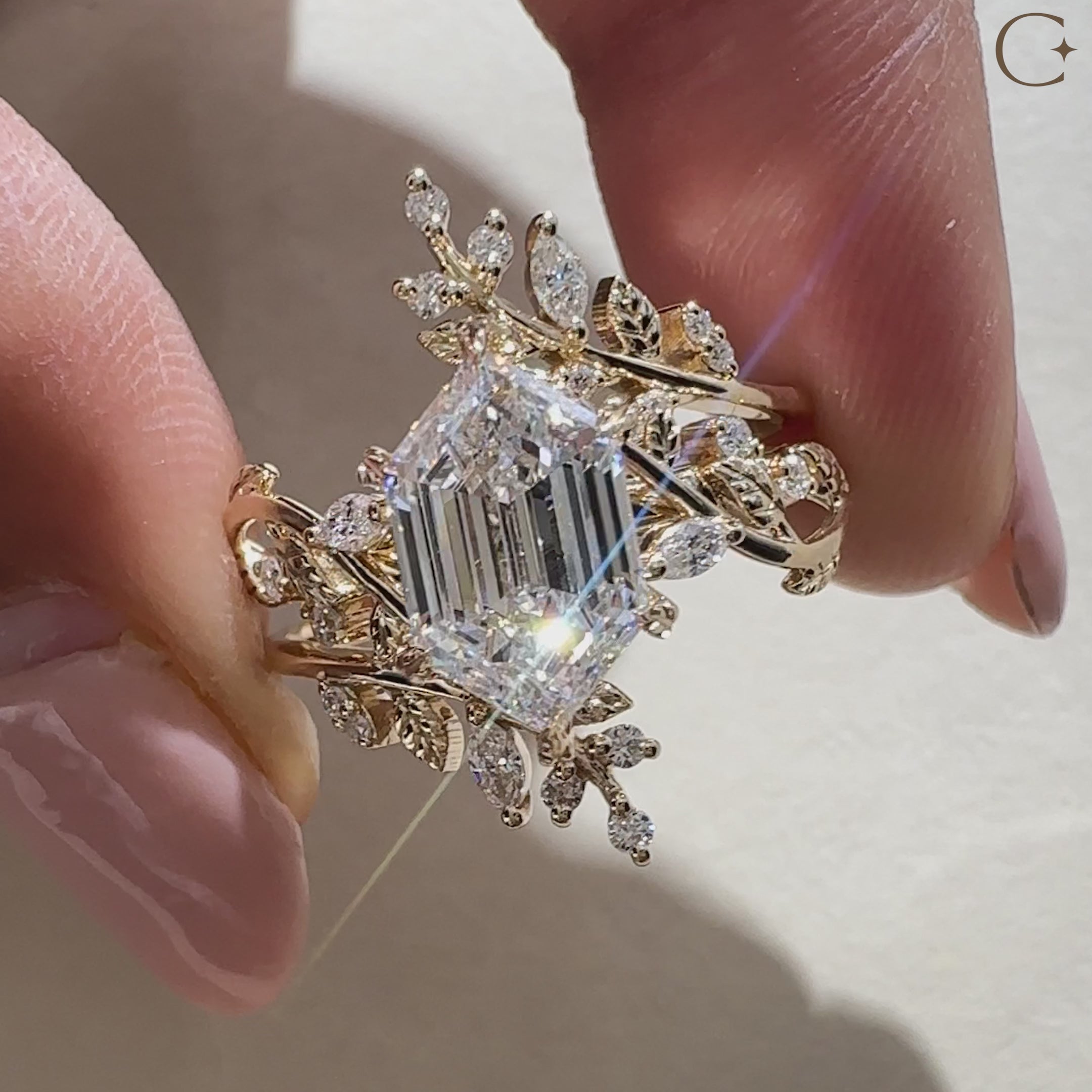 Cluster style hexagon diamond ring with matching curved band
