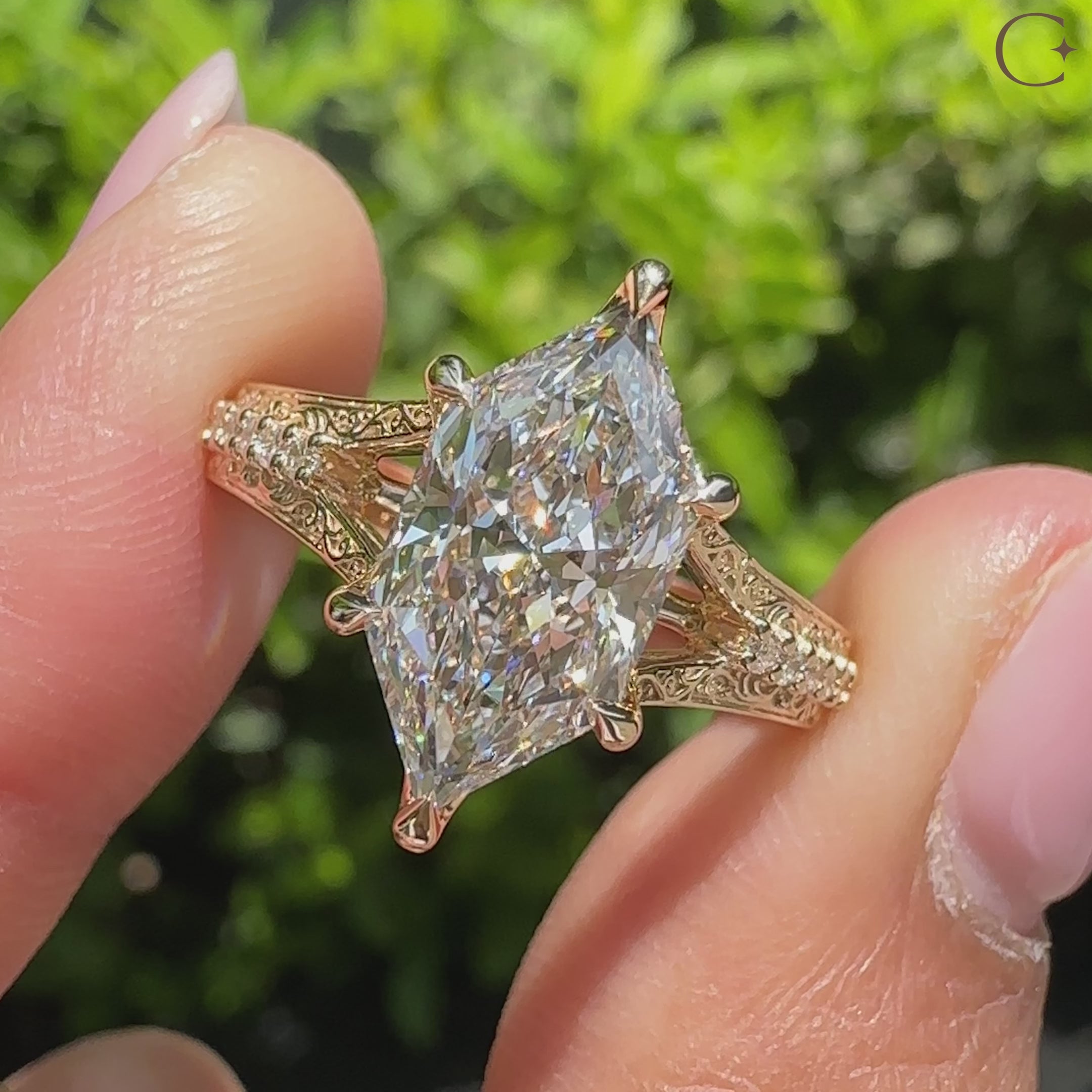 Art deco marquise engagement ring with milgrain pave details

