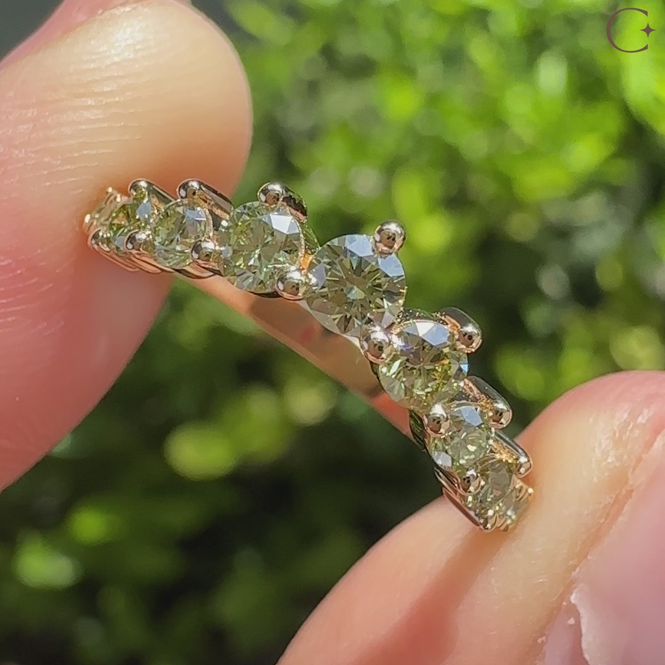 Green Round Diamond Half Eternity Wedding Band in Chevron Style