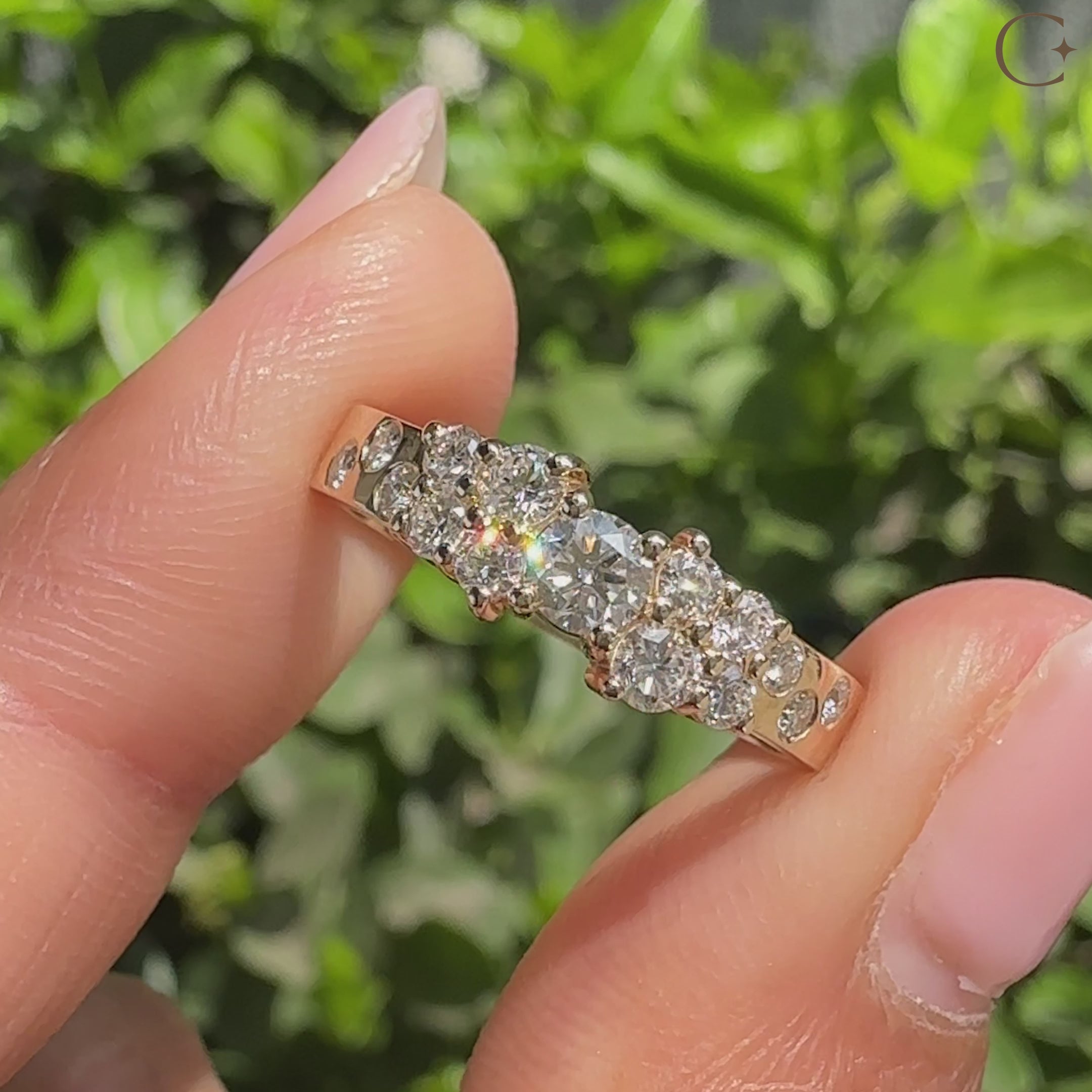 Handmade round diamond band in scattered cluster setting.
