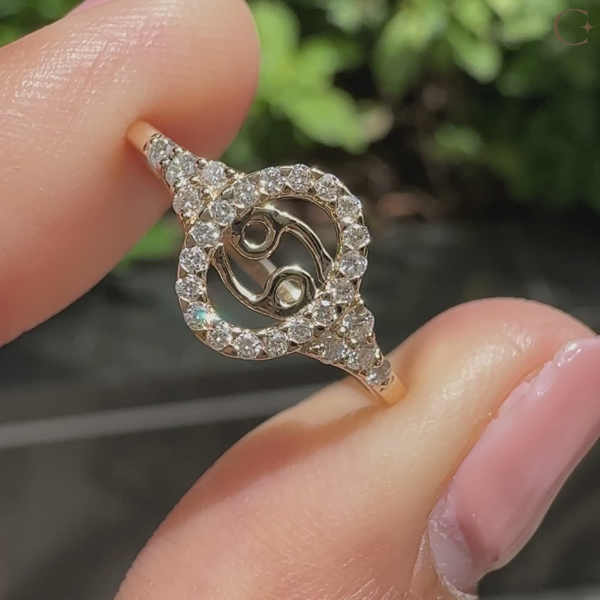 Handmade Cancer zodiac engagement ring featuring astrology design and IGI certified diamond.
