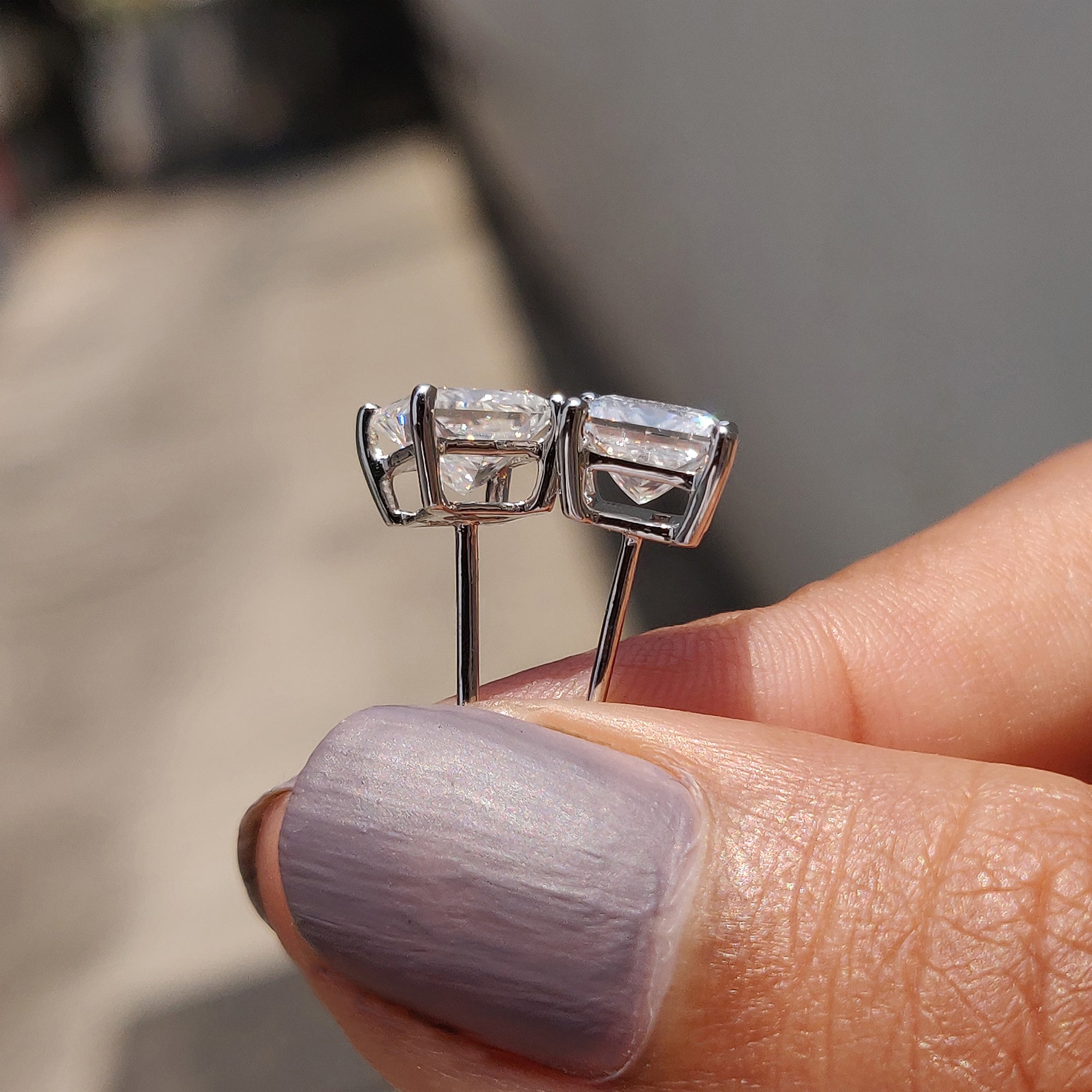 Push back earrings made with handmade earrings and Princess Cut Moissanite for daily wear.
