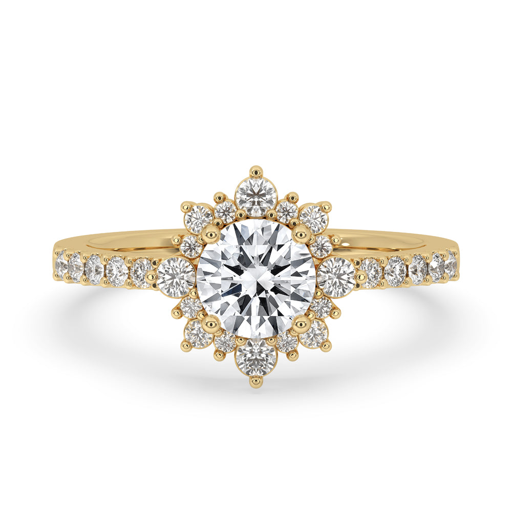 Round halo engagement ring with pave setting, Lab Grown Diamond, handmade jewelry.