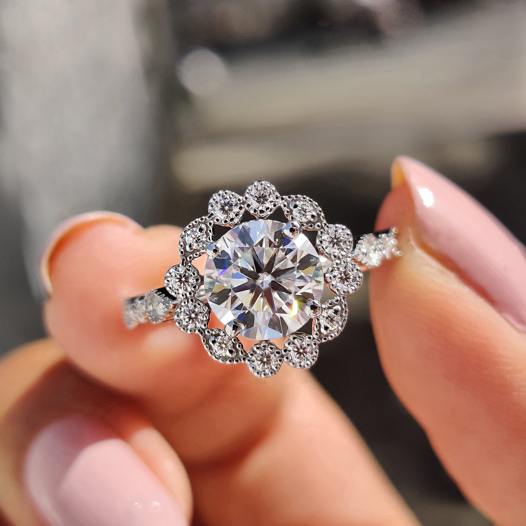 White gold moissanite ring with classic elegance.
