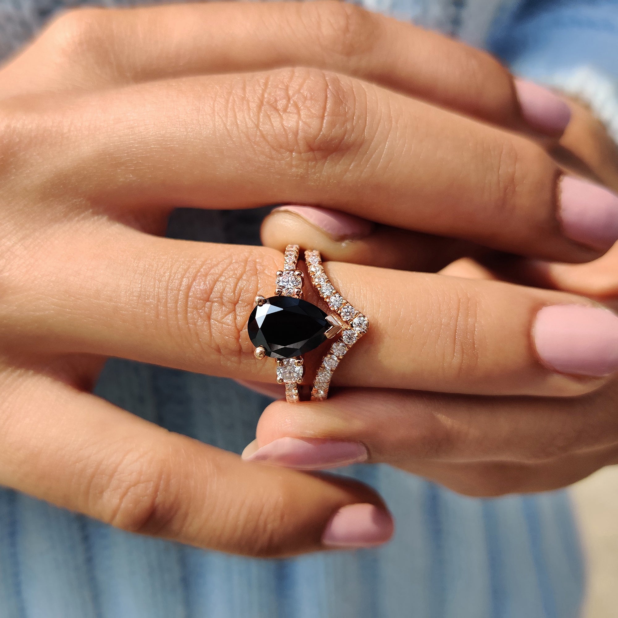 Pave setting ring with a 3/4 eternity band and round cut wedding band.
