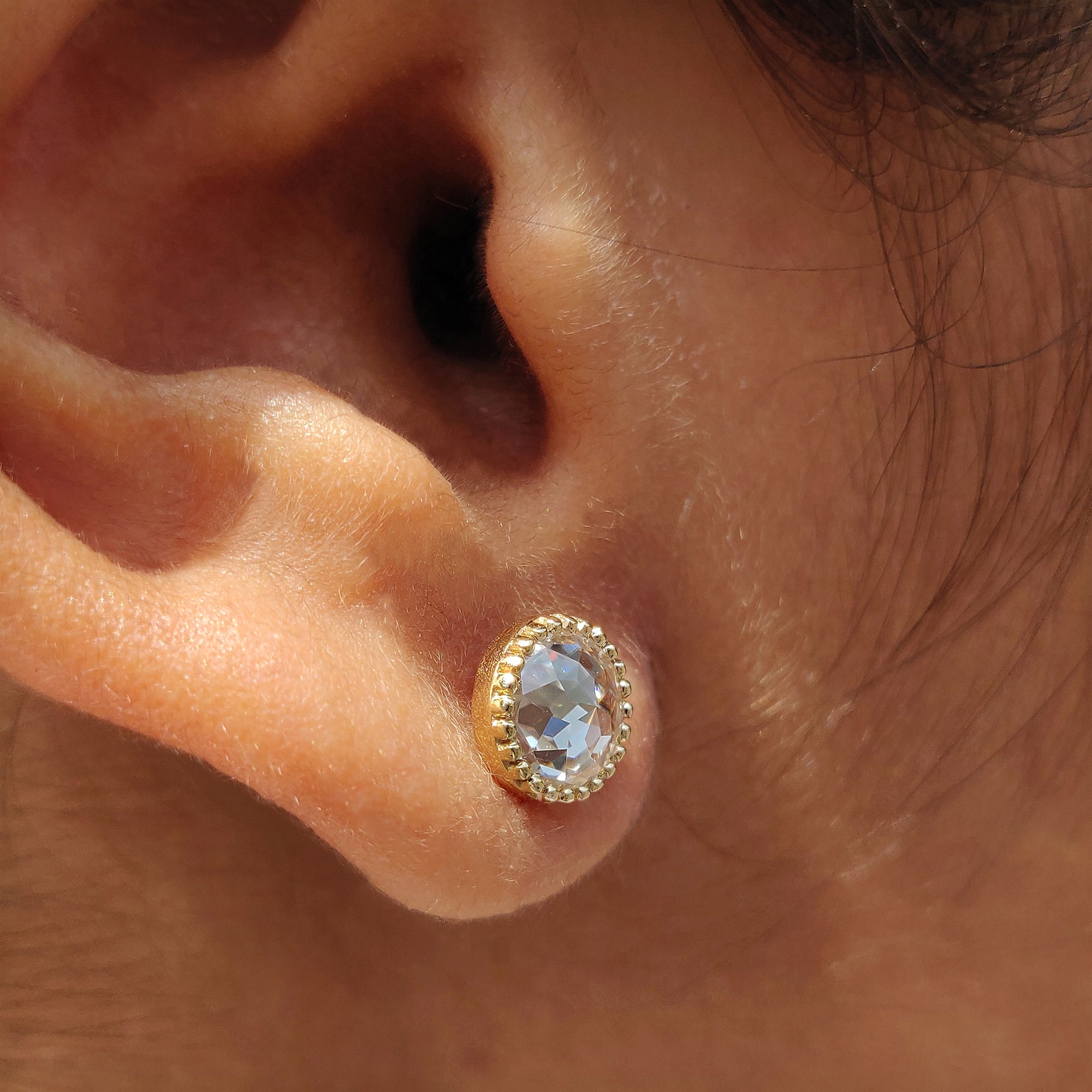 Round rose cut earrings paired with milgrain setting and Moissanite Earrings finish.
