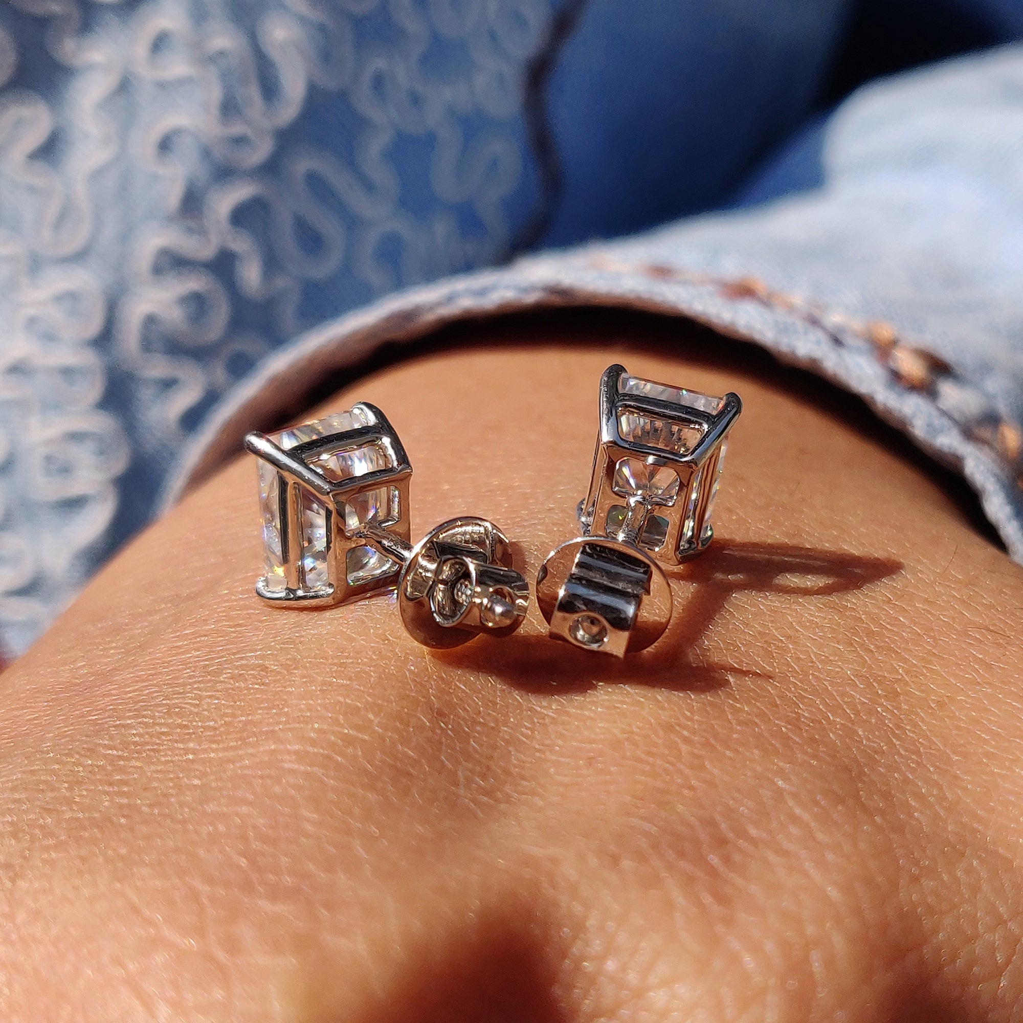 White gold earrings designed with radiant Cut earrings and 4 prong setting for secure fit.
