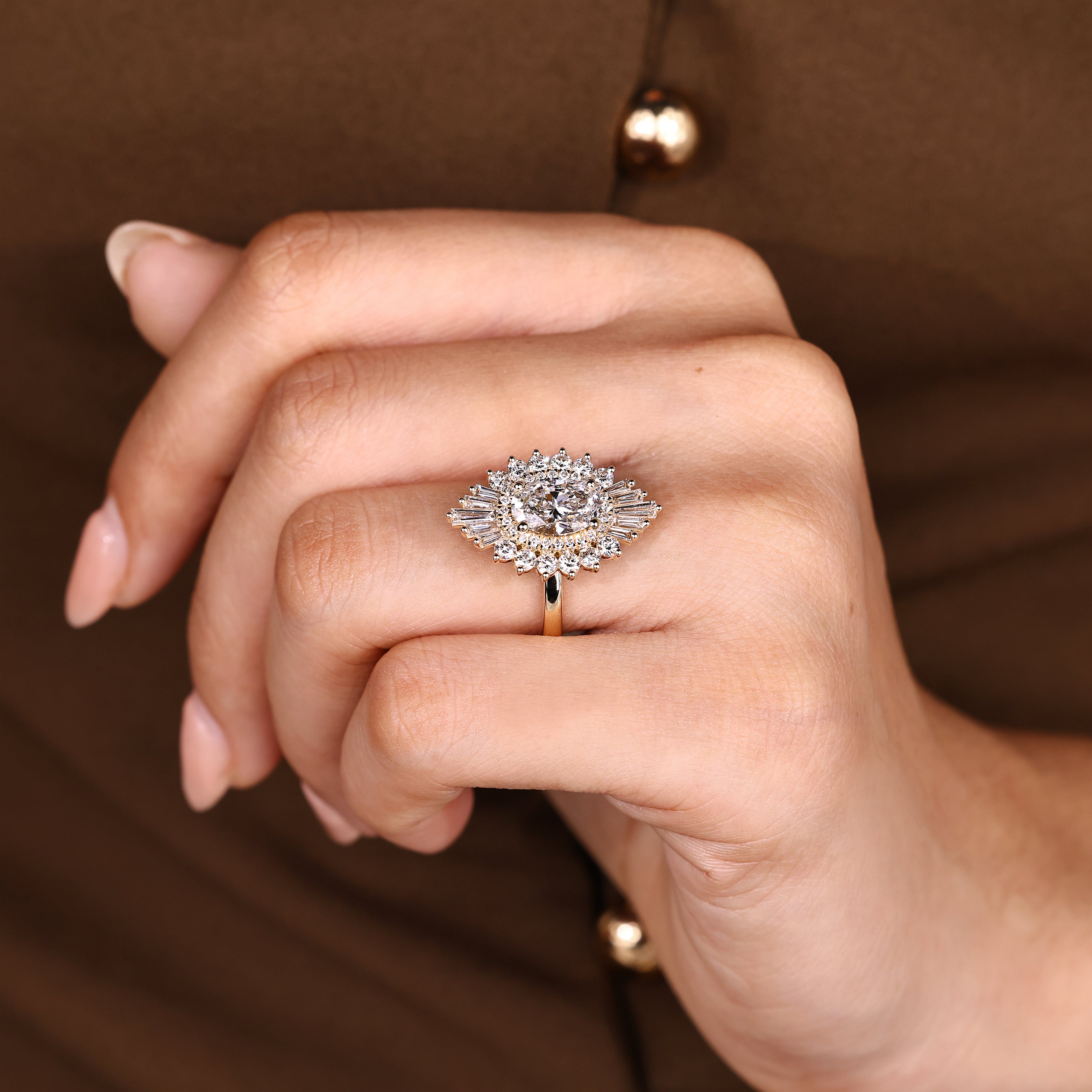 Oval cut diamond ring with snowflake and double halo
