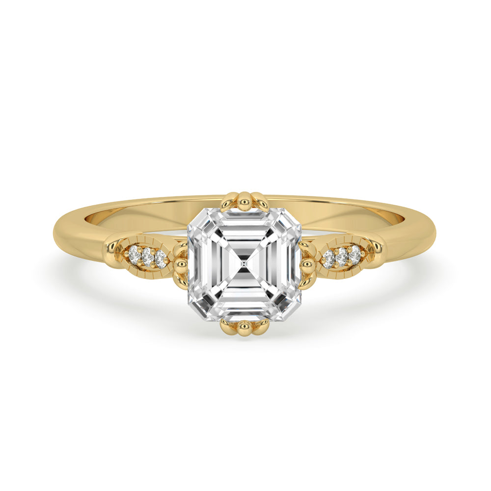 Asscher cut diamond ring with fishtail prong setting, Lab Grown Diamond, handmade jewelry.