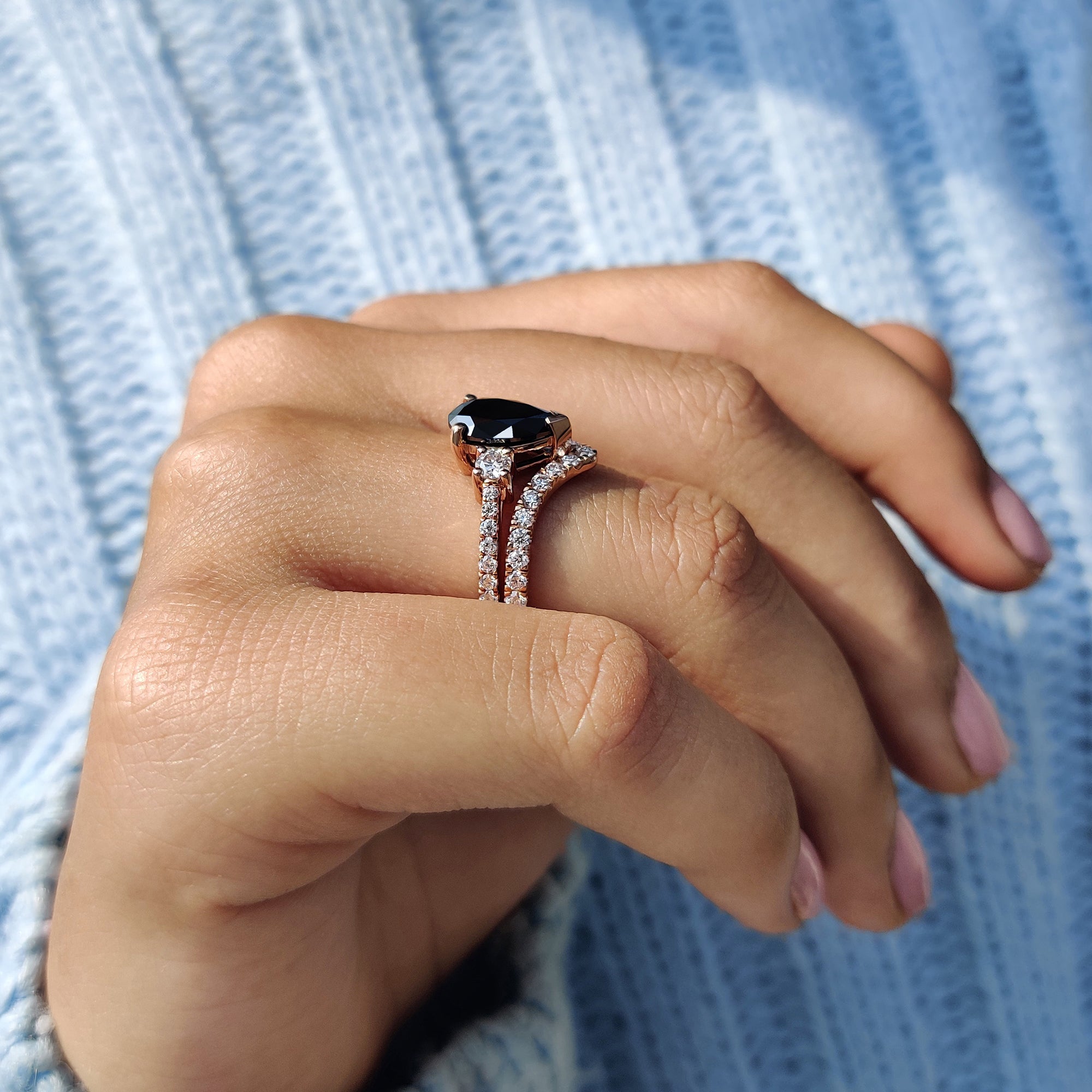 Curved band in a handmade bridal set with a v shape design.
