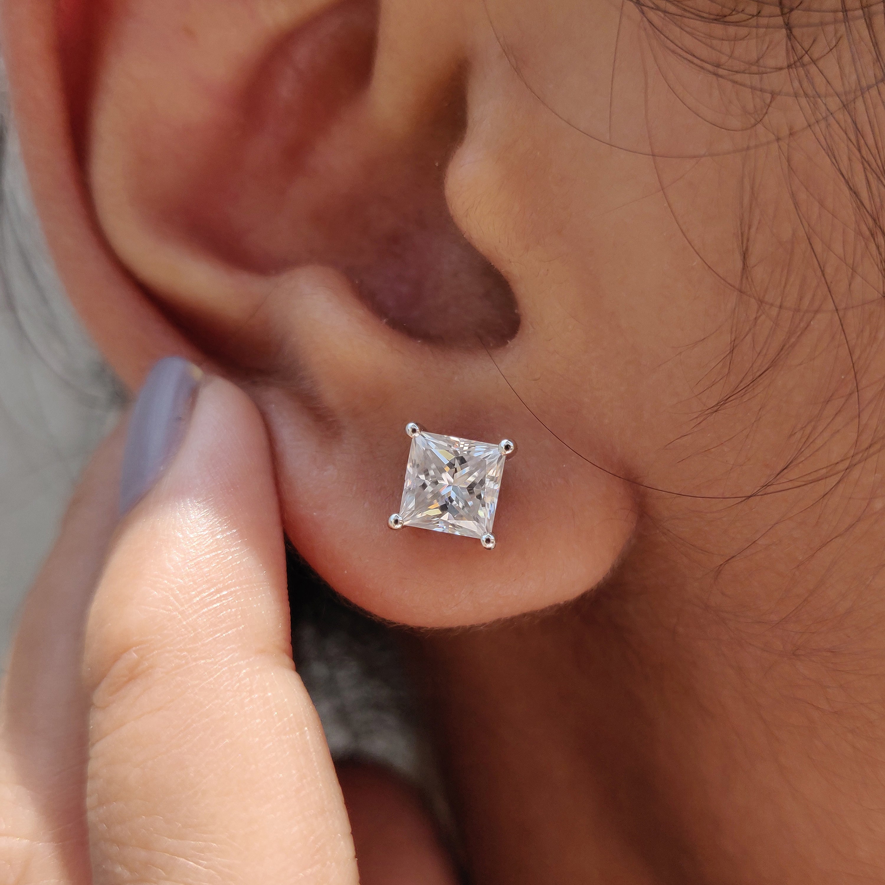 Princess Cut earrings designed for Wedding Gifts for Women in white gold with push backs.
